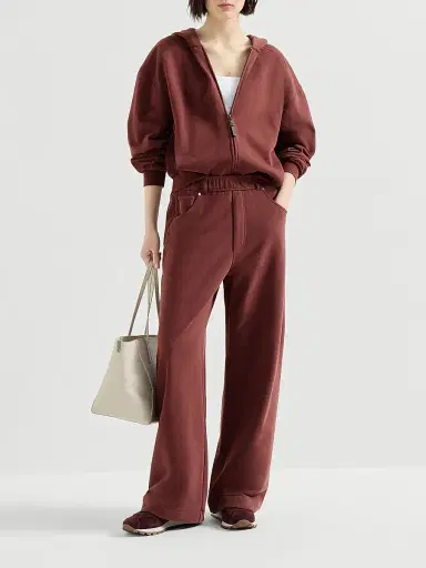 Brunello Cucinelli Women's Cotton Smooth French Terry Trousers - Wine - Size Medium | Thumbnail 6