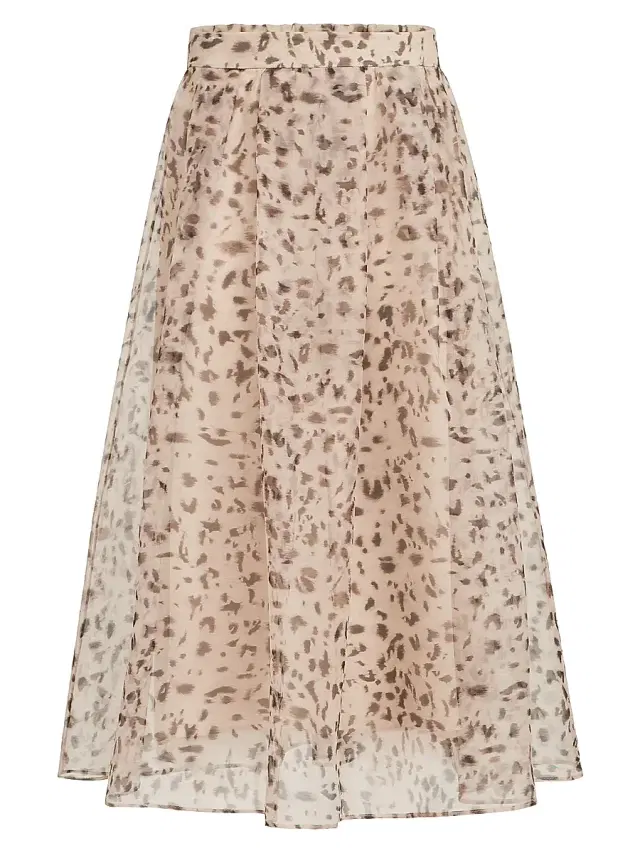 Brunello Cucinelli Women's Lynx Print Silk Organza Pleated Skirt
