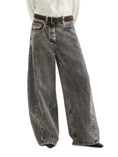 Brunello Cucinelli Women's Prince of Wales Denim Wide Trousers with Monili | Thumbnail 2 Brunello Cucinelli Women's Prince of Wales Denim Wide Trousers with Monili | Thumbnail 2