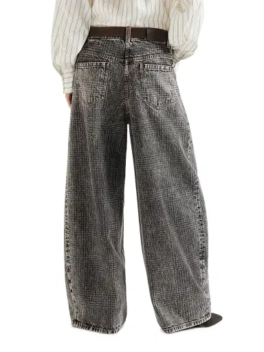 Brunello Cucinelli Women's Prince of Wales Denim Wide Trousers with Monili | Thumbnail 3 Brunello Cucinelli Women's Prince of Wales Denim Wide Trousers with Monili | Thumbnail 3