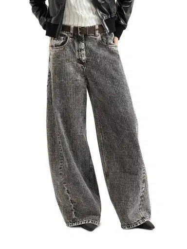Brunello Cucinelli Women's Prince of Wales Denim Wide Trousers with Monili | Thumbnail 4 Brunello Cucinelli Women's Prince of Wales Denim Wide Trousers with Monili | Thumbnail 4