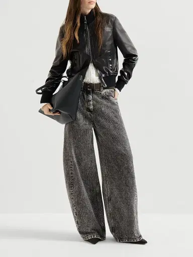 Brunello Cucinelli Women's Prince of Wales Denim Wide Trousers with Monili | Thumbnail 6 Brunello Cucinelli Women's Prince of Wales Denim Wide Trousers with Monili | Thumbnail 6