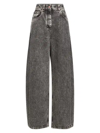 Brunello Cucinelli Women's Prince of Wales Denim Wide Trousers with Monili | Thumbnail 1 Brunello Cucinelli Women's Prince of Wales Denim Wide Trousers with Monili | Thumbnail 1