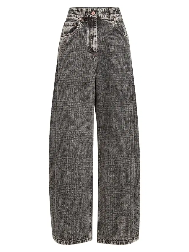 Brunello Cucinelli Women's Prince of Wales Denim Wide Trousers with Monili - Dark Grey
