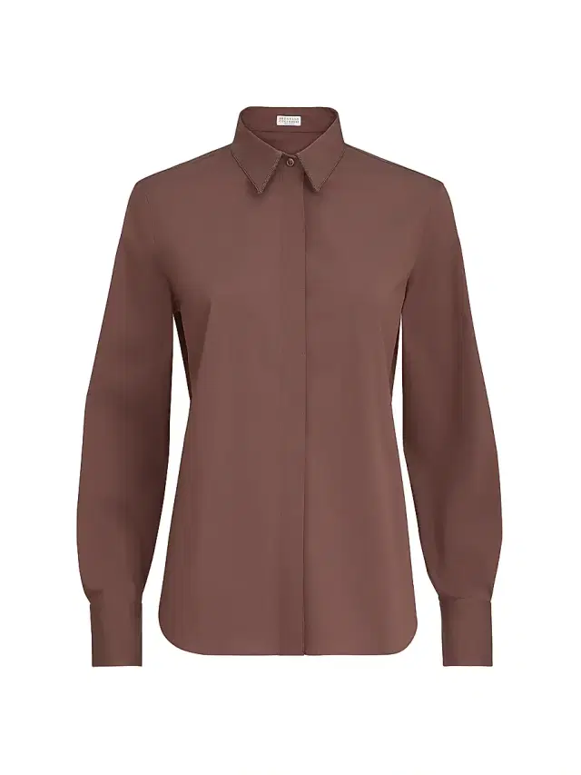 Brunello Cucinelli Women's Stretch Cotton Poplin Shirt with Shiny Collar - Grape