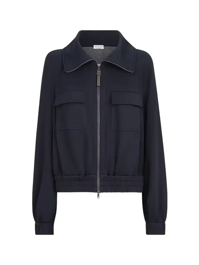 Brunello Cucinelli Women's Cotton and Silk Interlock Cardigan with Shiny Zipper Pull - Night
