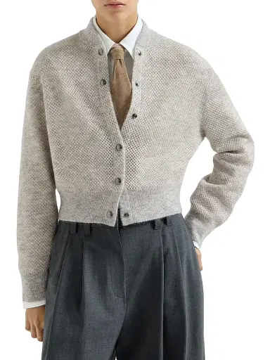 Brunello Cucinelli Women's Sparkling Mohair Double Knit Net Cardigan - Light Grey | Thumbnail 2 Brunello Cucinelli Women's Sparkling Mohair Double Knit Net Cardigan - Light Grey | Thumbnail 2