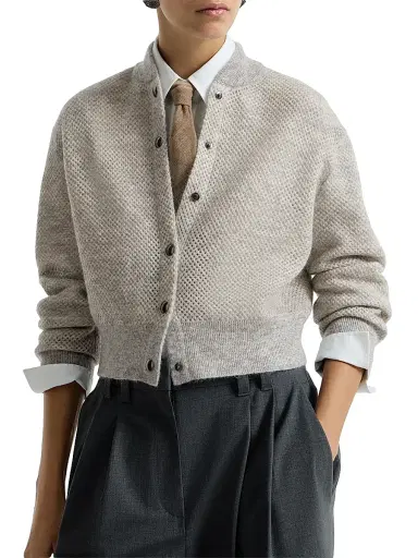 Brunello Cucinelli Women's Sparkling Mohair Double Knit Net Cardigan - Light Grey | Thumbnail 4 Brunello Cucinelli Women's Sparkling Mohair Double Knit Net Cardigan - Light Grey | Thumbnail 4