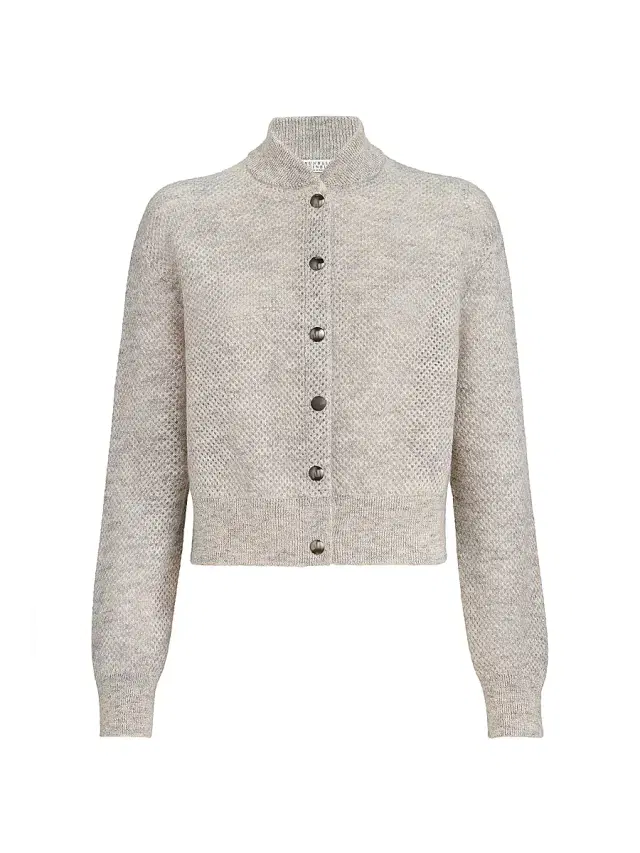 Brunello Cucinelli Women's Sparkling Mohair Double Knit Net Cardigan - Light Grey