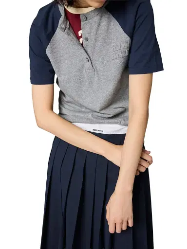Miu Miu Women's Cotton Jersey Henley Shirt - Grey Multi - Size XS | Thumbnail 5 Miu Miu Women's Cotton Jersey Henley Shirt - Grey Multi - Size XS | Thumbnail 5