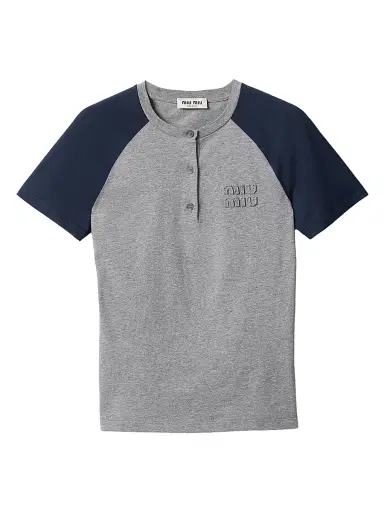 Miu Miu Women's Cotton Jersey Henley Shirt - Grey Multi - Size XS | Thumbnail 1 Miu Miu Women's Cotton Jersey Henley Shirt - Grey Multi - Size XS | Thumbnail 1