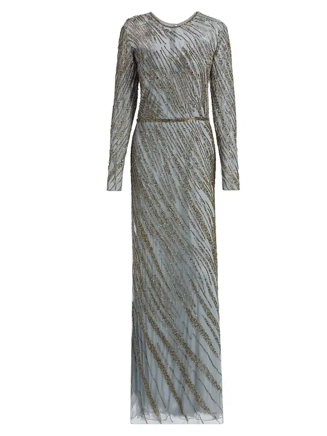 Women's Beaded Streak Tulle Column Gown - Platinum