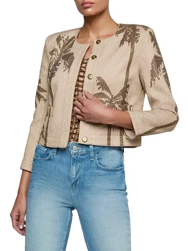L'AGENCE Women's Lian Palm Tree Beaded Cotton Jacket - Biscuit Antique Gold | Thumbnail 3