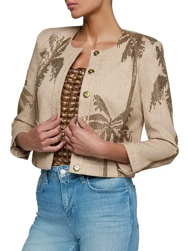 L'AGENCE Women's Lian Palm Tree Beaded Cotton Jacket - Biscuit Antique Gold | Thumbnail 4
