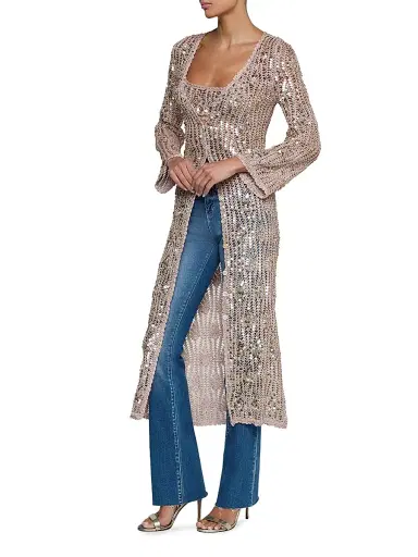 L'Agence Women's Sanya Hand-Crochet Sequined Midi-Cardigan - Misty Rose Sequins - Size Large | Thumbnail 3