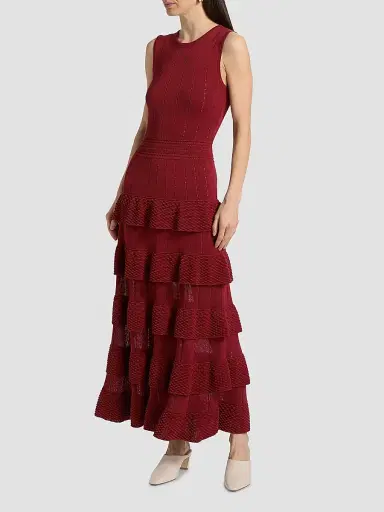 Lela Rose Women's Piper Bobble-Knit Tiered Maxi Dress - Oxblood - Size XL | Thumbnail 2