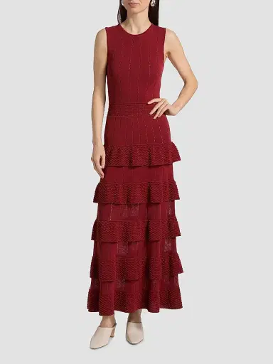 Lela Rose Women's Piper Bobble-Knit Tiered Maxi Dress - Oxblood - Size XL | Thumbnail 3