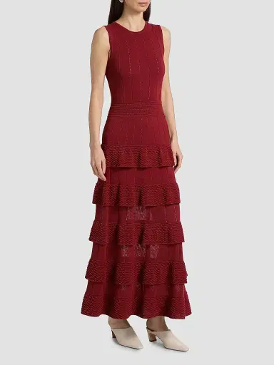 Lela Rose Women's Piper Bobble-Knit Tiered Maxi Dress - Oxblood - Size XL | Thumbnail 4