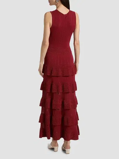 Lela Rose Women's Piper Bobble-Knit Tiered Maxi Dress - Oxblood - Size XL | Thumbnail 5