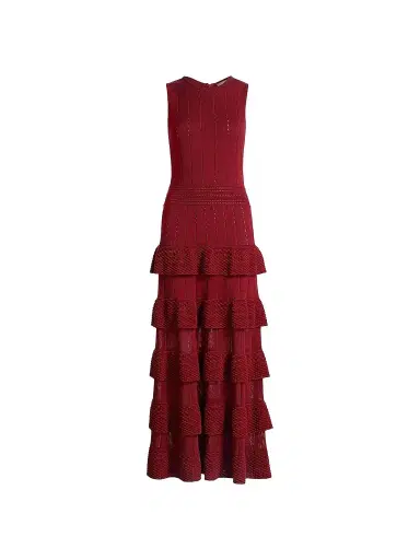 Lela Rose Women's Piper Bobble-Knit Tiered Maxi Dress - Oxblood - Size XL | Thumbnail 1