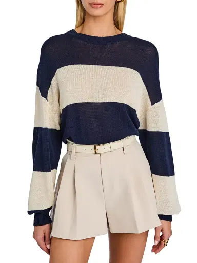 SEROYA Women's Cassian Striped Linen-Cotton Blend Sweater - Navy Eggshell - Size XL | Thumbnail 3