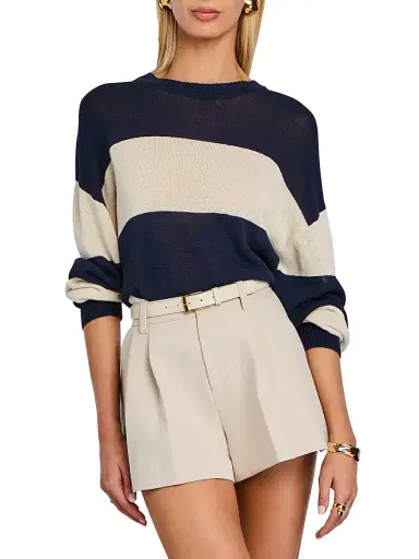 SEROYA Women's Cassian Striped Linen-Cotton Blend Sweater - Navy Eggshell - Size XL | Thumbnail 4