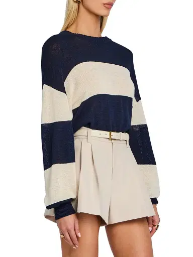 SEROYA Women's Cassian Striped Linen-Cotton Blend Sweater - Navy Eggshell - Size XL | Thumbnail 5