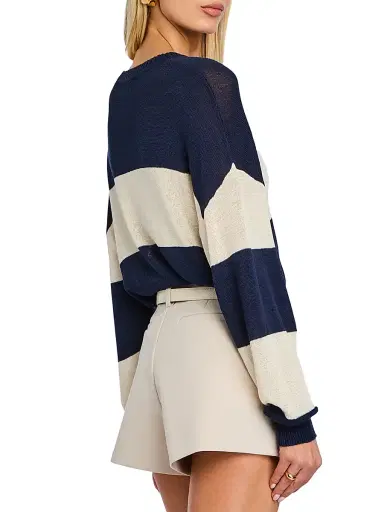SEROYA Women's Cassian Striped Linen-Cotton Blend Sweater - Navy Eggshell - Size XL | Thumbnail 6
