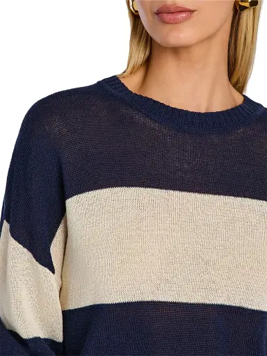 SEROYA Women's Cassian Striped Linen-Cotton Blend Sweater - Navy Eggshell - Size XL | Thumbnail 7