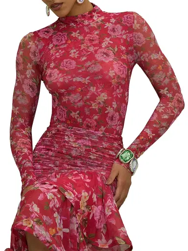 PatBo Women's Peony Floral Mesh Bodysuit - Red - Size XS | Thumbnail 5