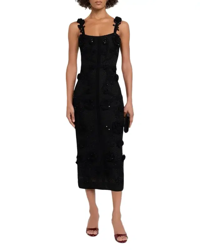 Sleeveless Floral Crochet Knit Midi Dress