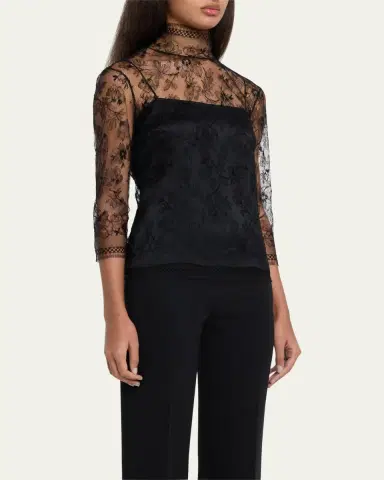 Adam Lippes Lace High-Neck Shirt w/ Attached Camisole | Thumbnail 4