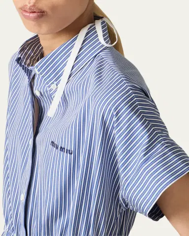 Miu Miu Short-Sleeve Striped Cotton Poplin Midi Shirtdress | Thumbnail 4 Miu Miu Short-Sleeve Striped Cotton Poplin Midi Shirtdress | Thumbnail 4