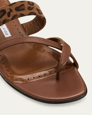 Manolo Blahnik Susa Leather and Leopard-Printed Suede Crisscross Flat Sandals | Thumbnail 3