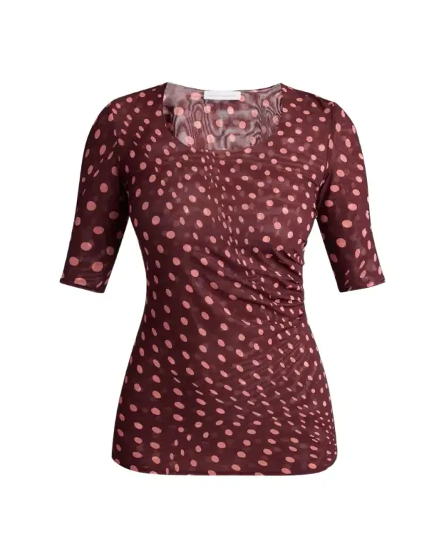Polka Dot Mesh Elbow-Sleeve Top