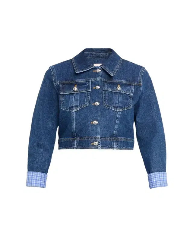 Lexie Gingham-Cuff Cropped Denim Jacket