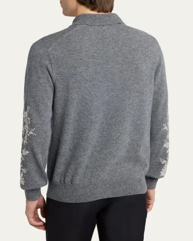 Alexander McQueen Men's Wool Floral-Embroidered Polo Sweater | Thumbnail 3 Alexander McQueen Men's Wool Floral-Embroidered Polo Sweater | Thumbnail 3