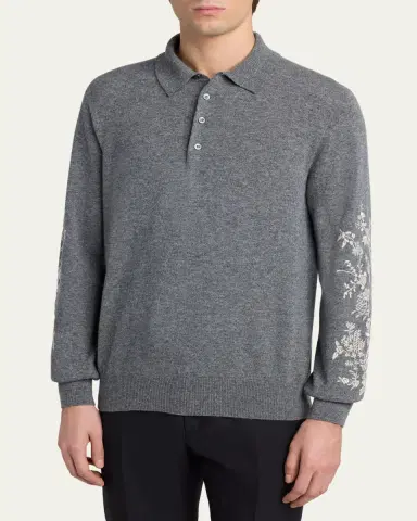 Alexander McQueen Men's Wool Floral-Embroidered Polo Sweater | Thumbnail 4 Alexander McQueen Men's Wool Floral-Embroidered Polo Sweater | Thumbnail 4