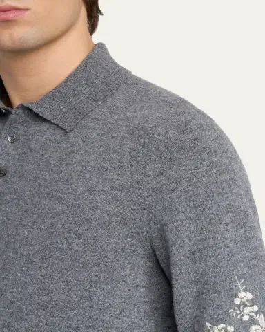 Alexander McQueen Men's Wool Floral-Embroidered Polo Sweater | Thumbnail 5 Alexander McQueen Men's Wool Floral-Embroidered Polo Sweater | Thumbnail 5