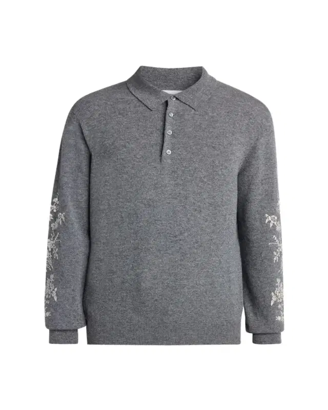 McQueen Men's Wool Floral-Embroidered Polo Sweater
