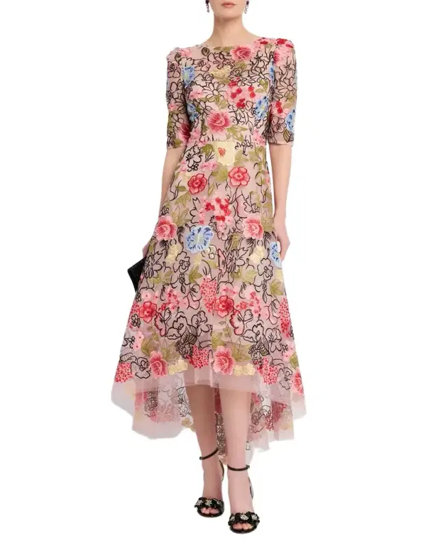 Rickie Freeman for Teri Jon Embroidered High-Low Maxi Dress