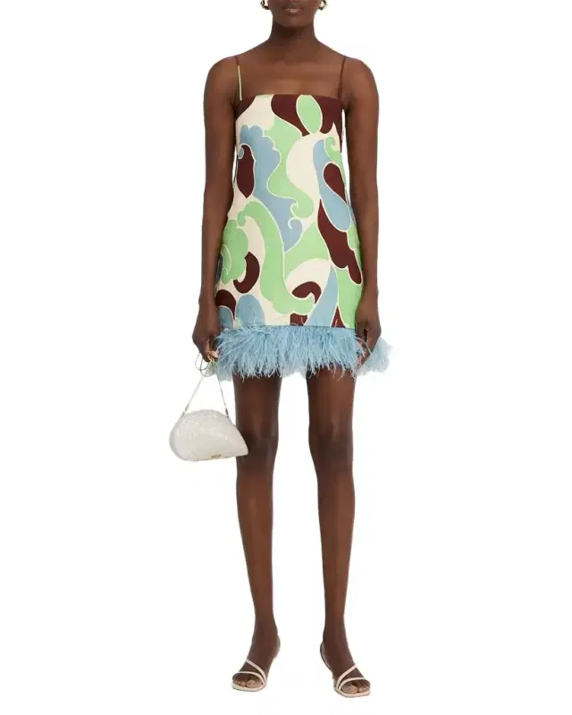Valencia Printed Feather-Trim Mini Dress