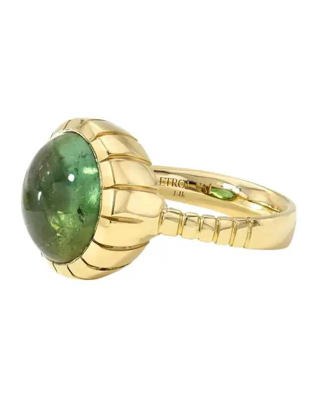 Round Cabochon Green Tourmaline Heirloom Bezel Ring