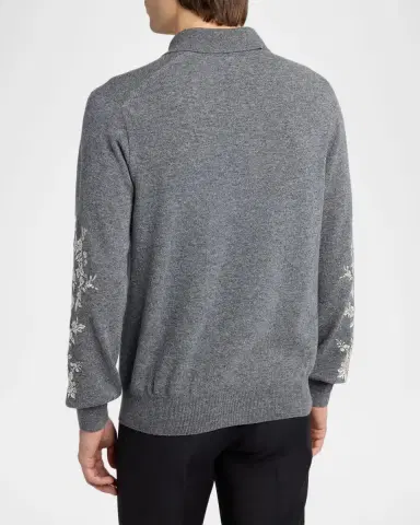 Alexander McQueen Men's Wool Floral-Embroidered Polo Sweater | Thumbnail 2 Alexander McQueen Men's Wool Floral-Embroidered Polo Sweater | Thumbnail 2