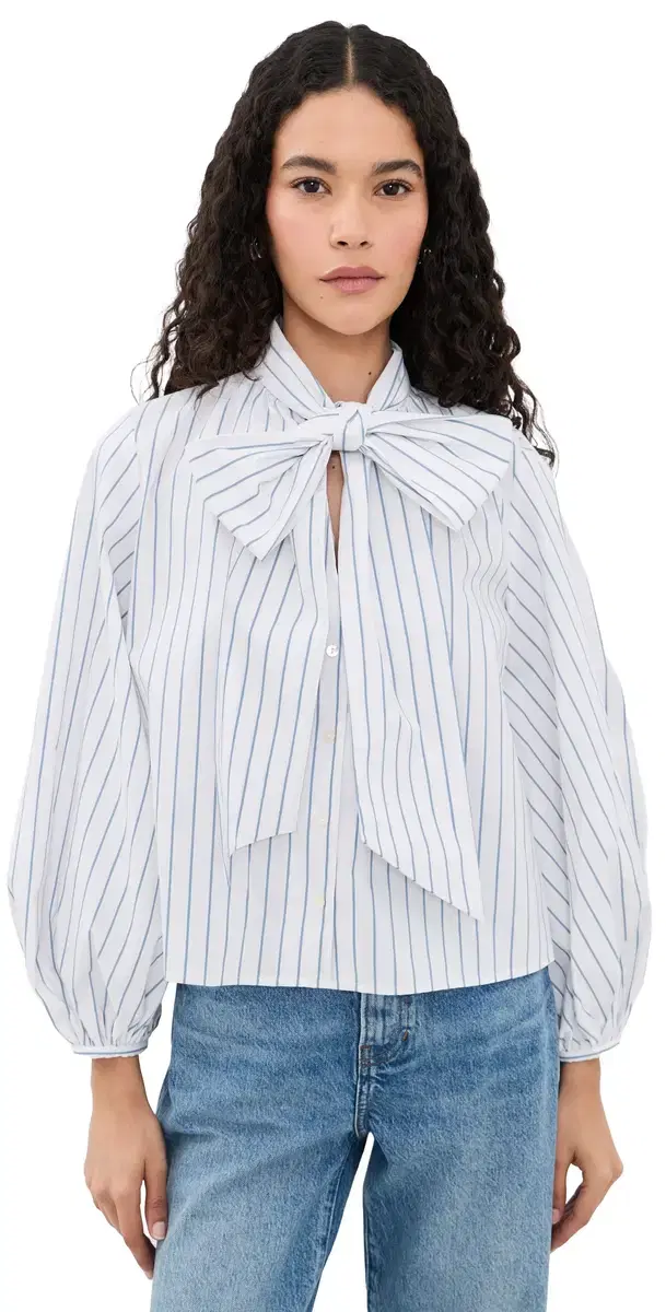 L'AGENCE Deon Tie Neck Blouse White/Thin Blue Mist tripe