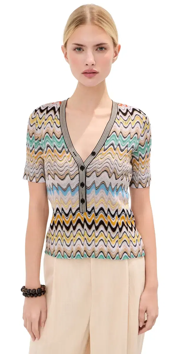 Missoni Short Sleeve V Neck Top Multicolor Beige Light Base