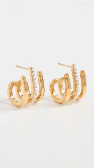 Kenneth Jay Lane Gold Post Huggie Hoop Earrings Gold/Pearl One Size | Thumbnail 2