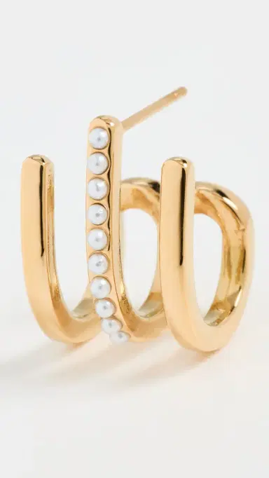 Kenneth Jay Lane Gold Post Huggie Hoop Earrings Gold/Pearl One Size | Thumbnail 4