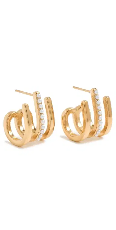 Kenneth Jay Lane Gold Post Huggie Hoop Earrings Gold/Pearl One Size | Thumbnail 1
