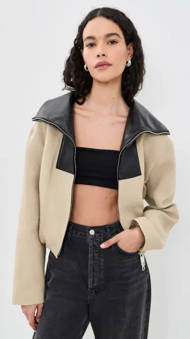 Nanushka Alonza Funnel Neck Jacket Stone/Black | Thumbnail 2